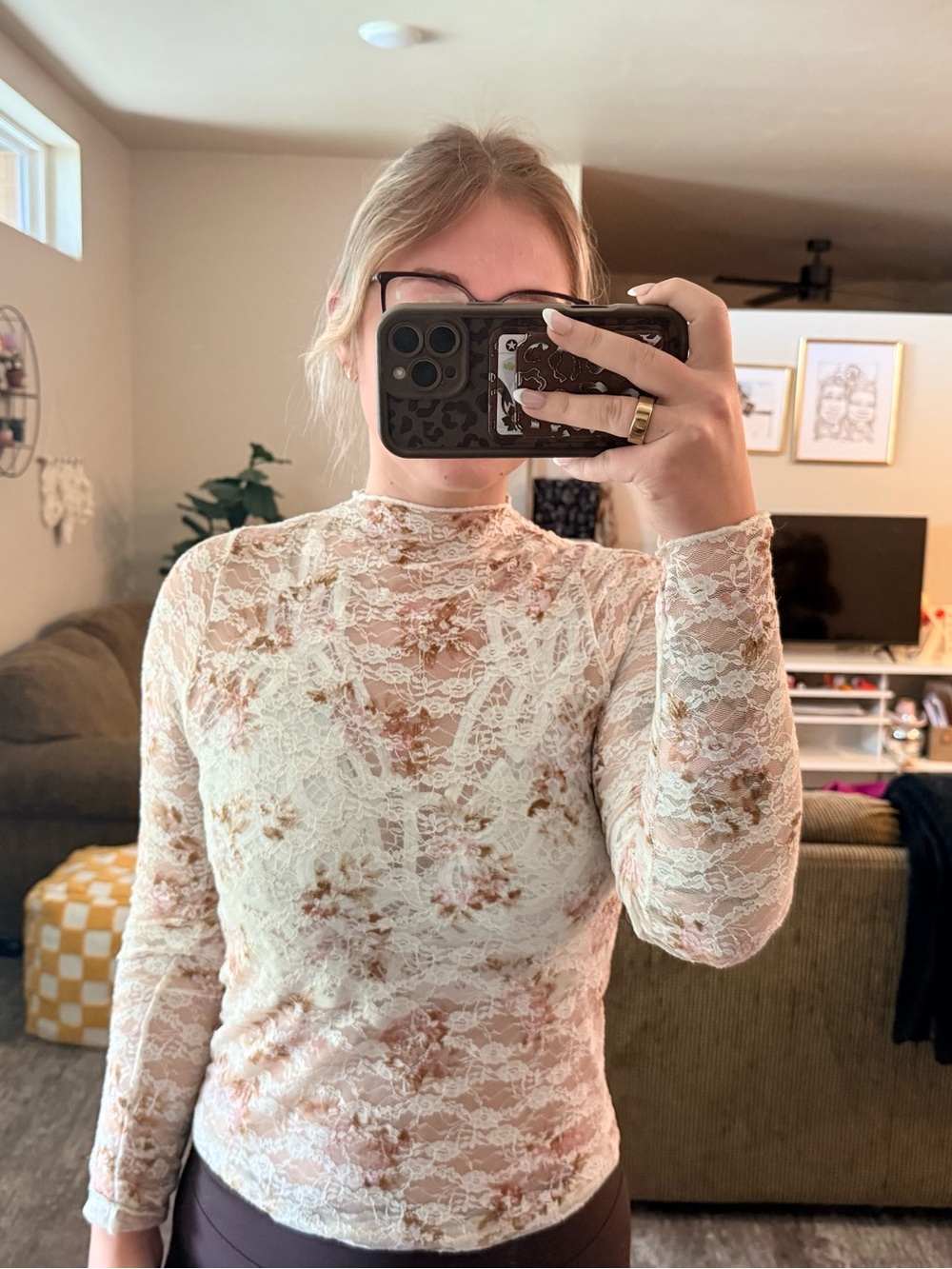 Long-Sleeve Cream Lace Mock Neck Top with Pink Floral Accents